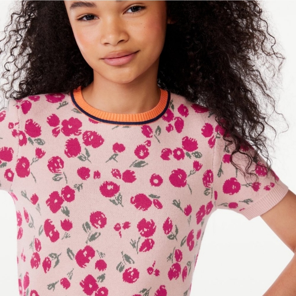 Free Assembly Girls Floral Pink Knit Top Intarsia Sweater Tee 10 12 Large